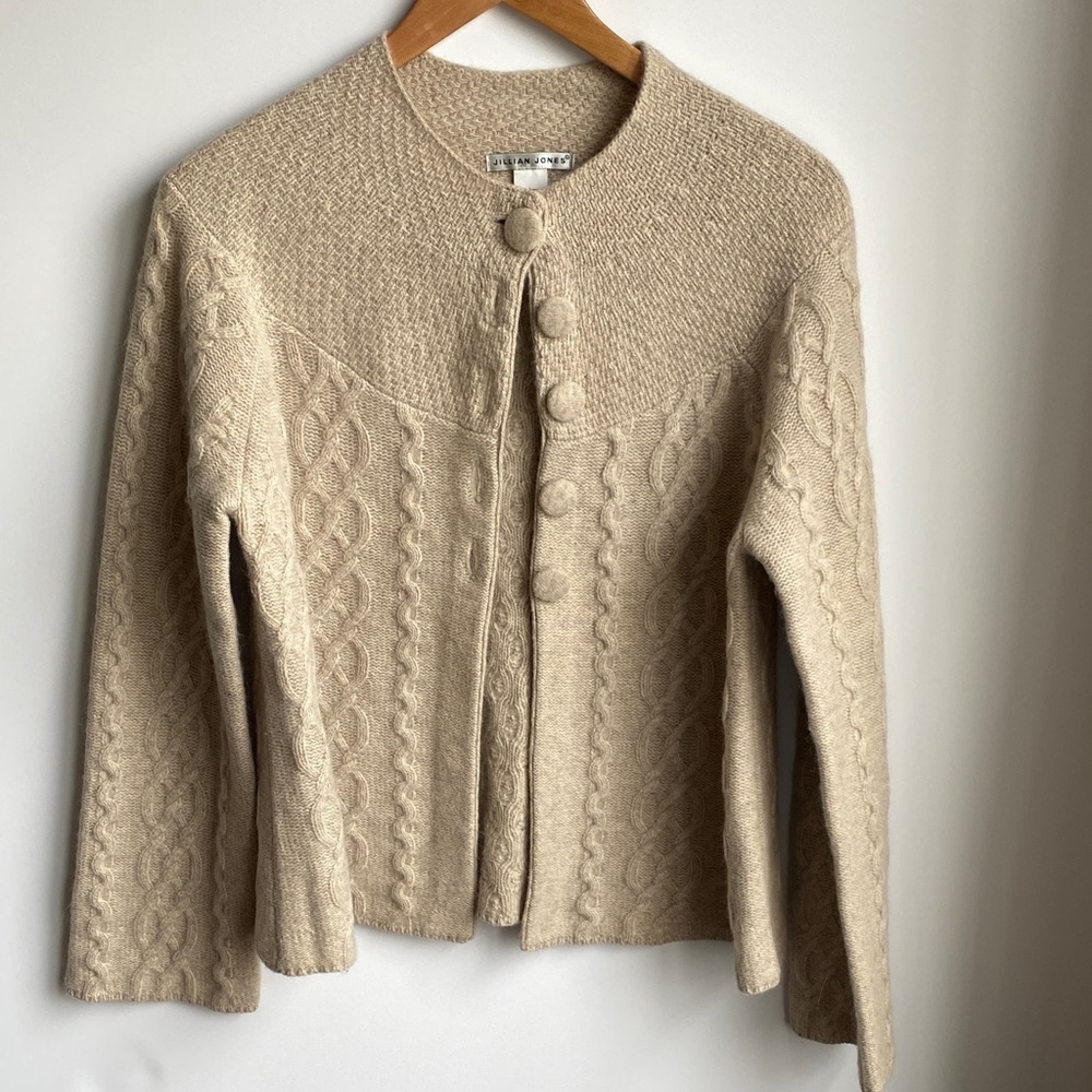 Jillian Jones Angora Lambswool Blend Big Button Cardigan Sweater Large Oatmeal